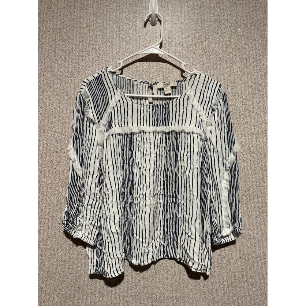 Vintage America Blues Striped‎ Ruffle Mesh Trim Blouse Navy White Womens Large